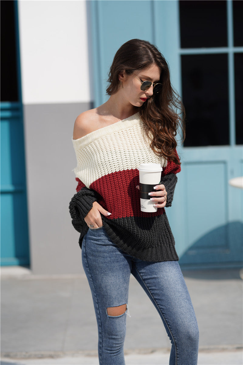 Tricolor Rib-Knit Boat Neck Sweater