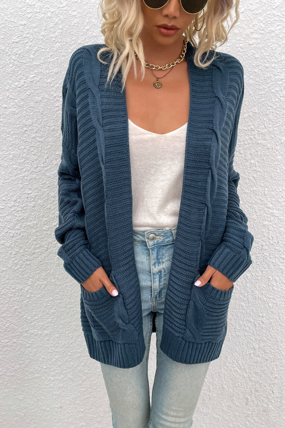 Cable-Knit Open Front Longline Cardigan