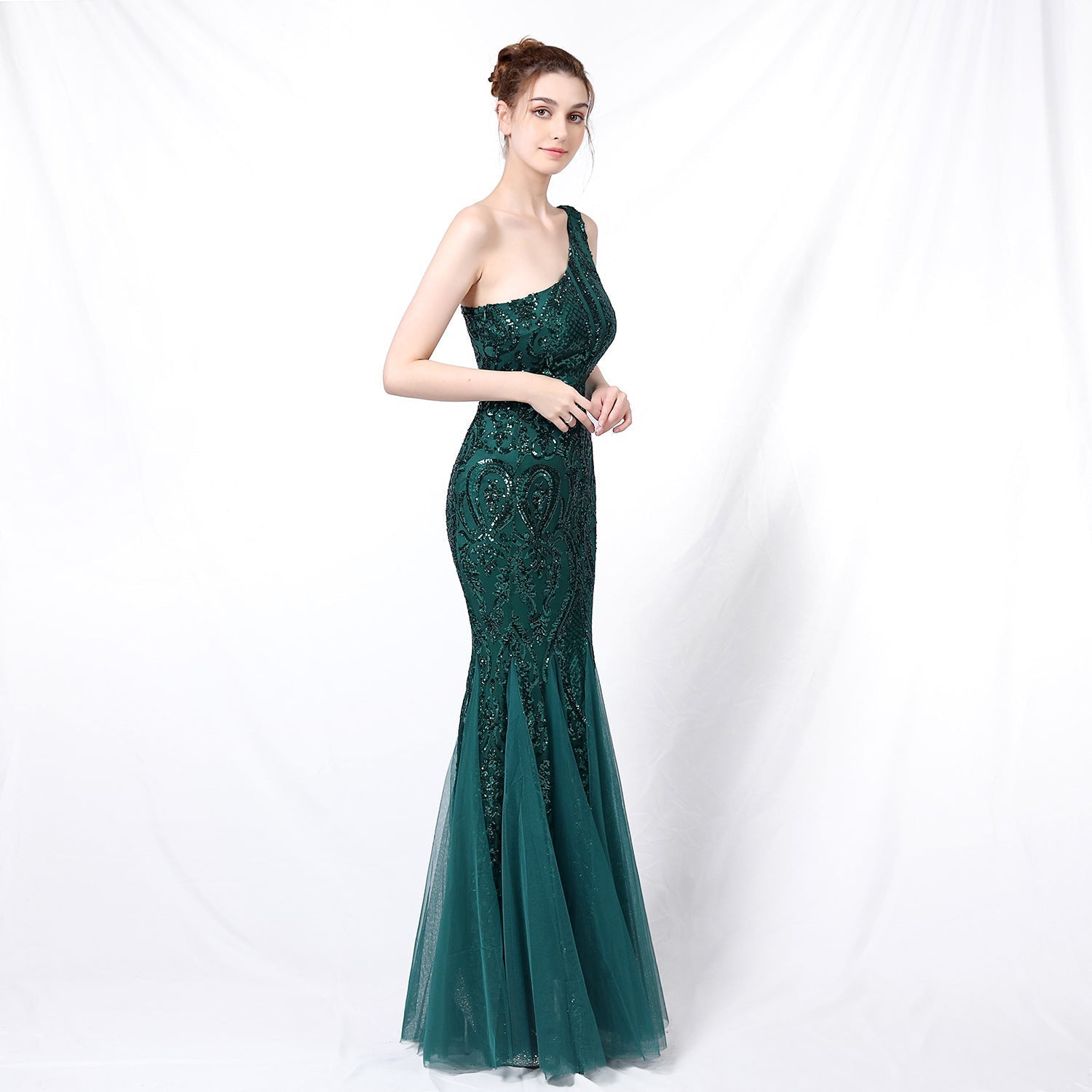 Emily formal one-shoulder sequined mesh fishtail dress