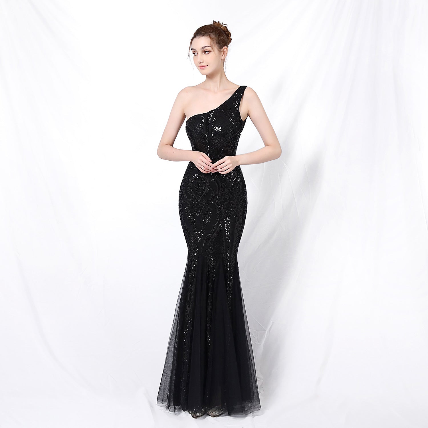 Emily formal one-shoulder sequined mesh fishtail dress