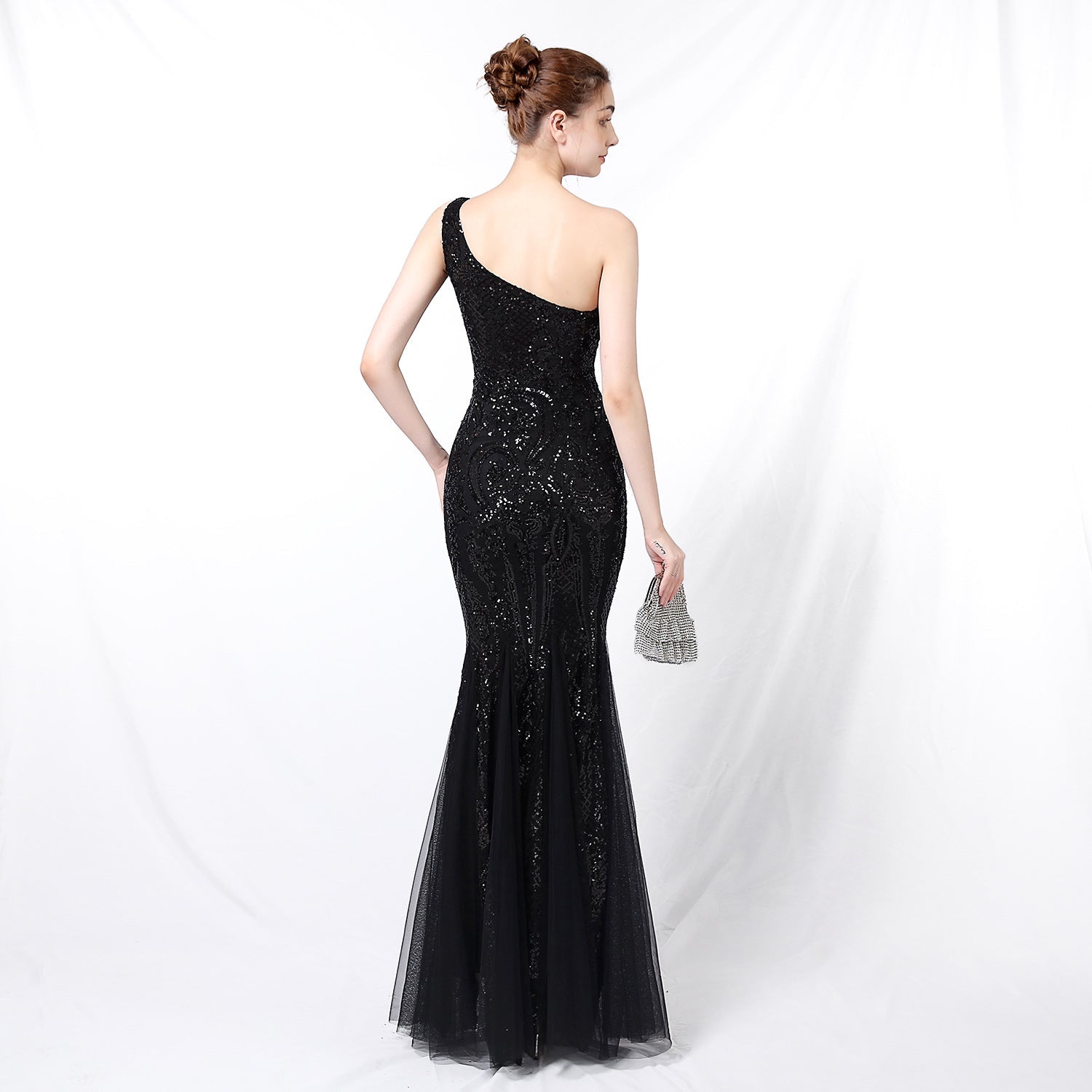 Emily formal one-shoulder sequined mesh fishtail dress