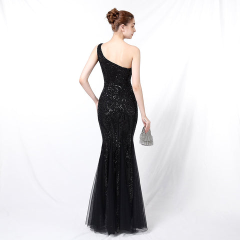 Emily formal one-shoulder sequined mesh fishtail dress