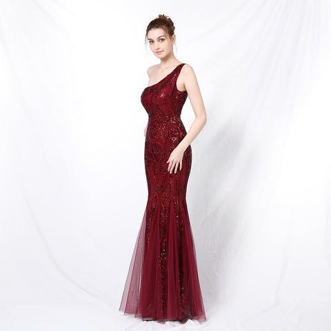 Emily formal one-shoulder sequined mesh fishtail dress