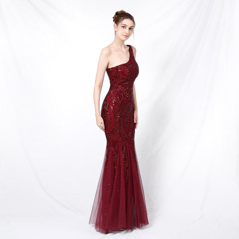 Emily formal one-shoulder sequined mesh fishtail dress