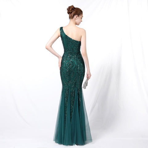 Emily formal one-shoulder sequined mesh fishtail dress