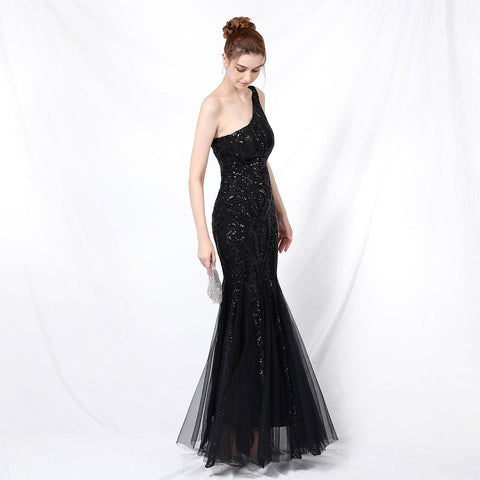 Emily formal one-shoulder sequined mesh fishtail dress