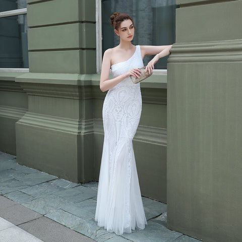 Emily formal one-shoulder sequined mesh fishtail dress