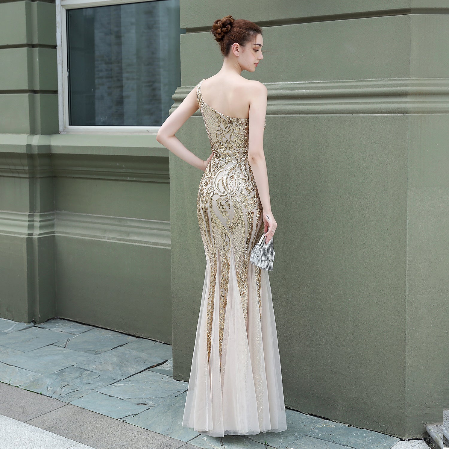 Emily formal one-shoulder sequined mesh fishtail dress