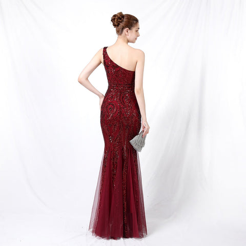 Emily formal one-shoulder sequined mesh fishtail dress