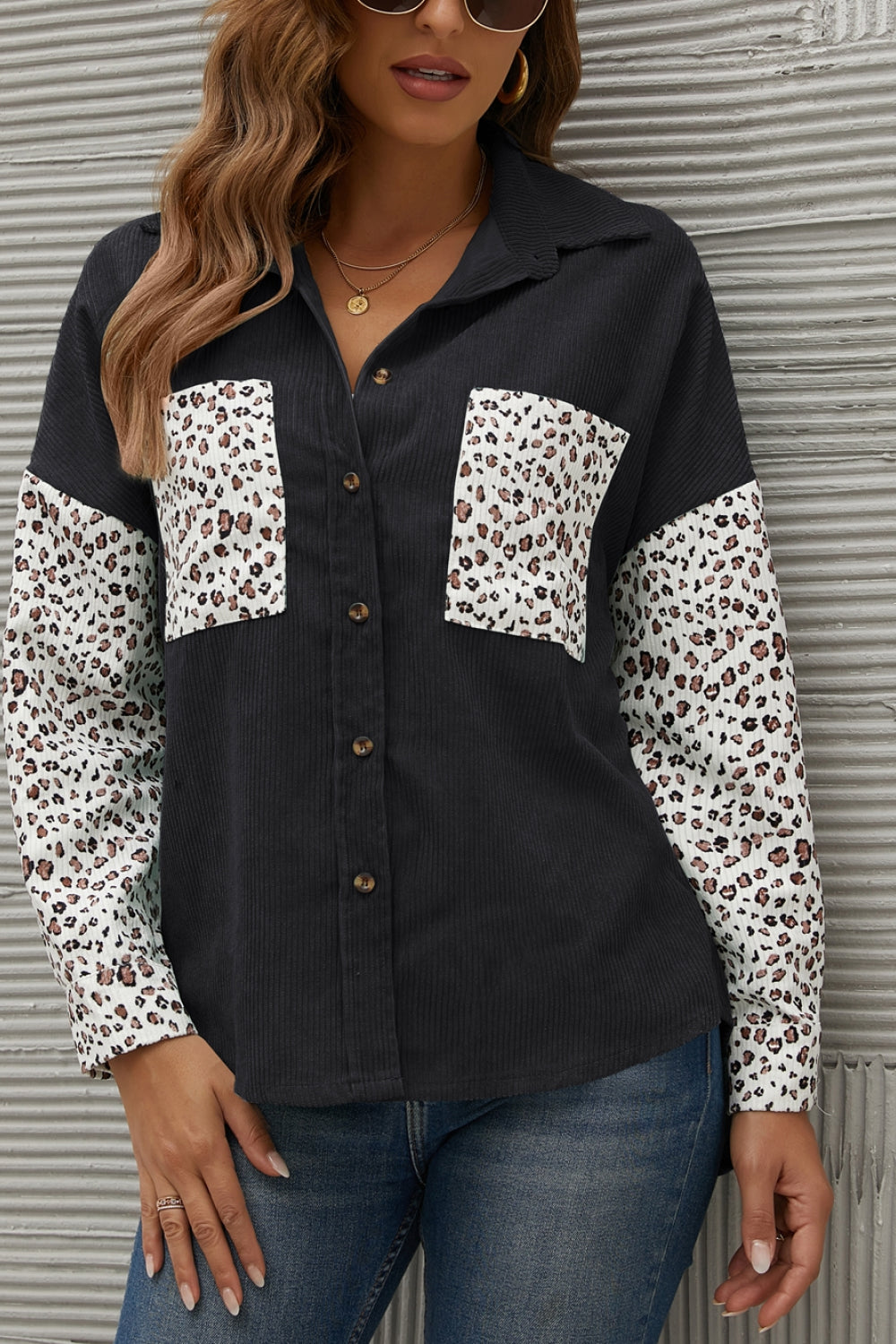 Leopard Splicing Button Front Corduroy Blouse