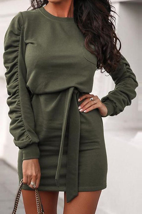 Wrinkle Long Sleeve Belted Mini Dress