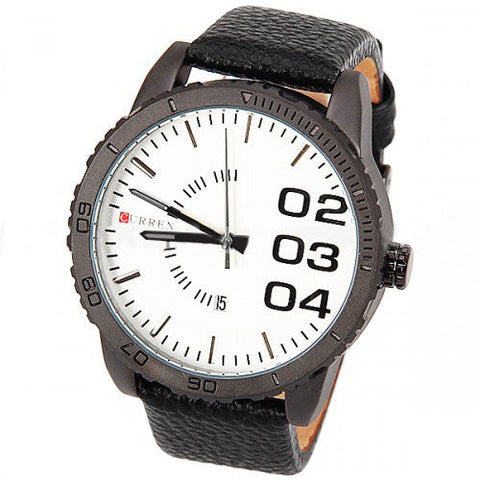 Watch with Black Leather Band (White 5cm Dial)