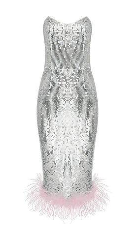 Strapless Sequin Feather Midi Dress in Silver