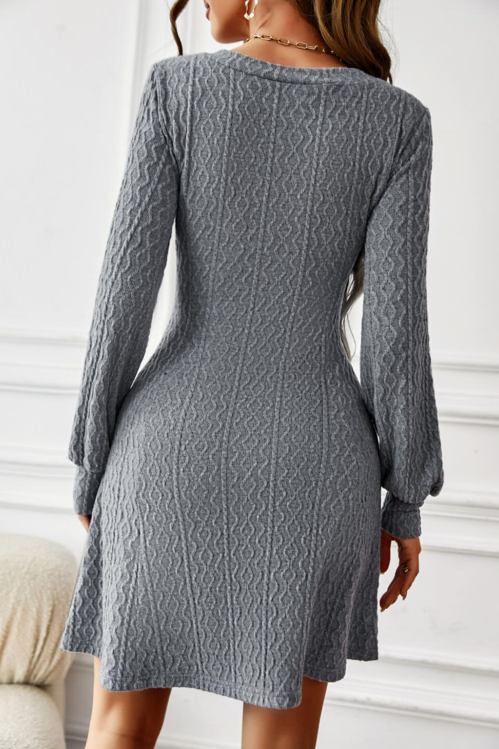 Lantern Sleeve V-Neck Textured Knit Dress