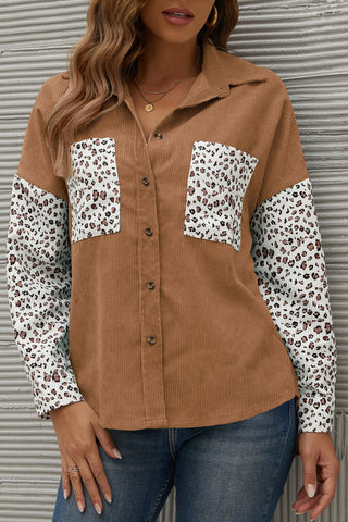 Leopard Splicing Button Front Corduroy Blouse