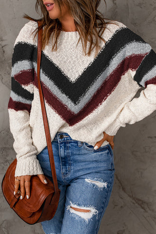 Chevron Round Neck Dropped Shoulder Sweater