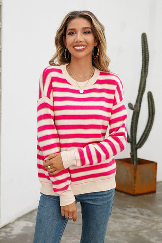 Striped Round Neck Dropped Shoulder Knit Pullover