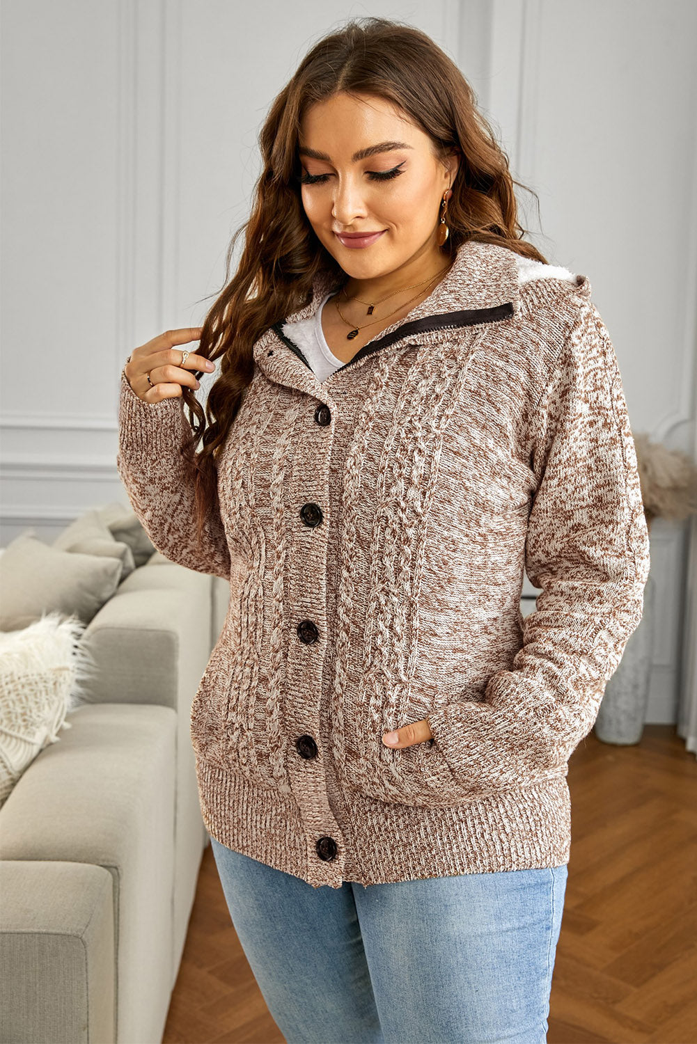 Cable-Knit Fleece Lining Button-Up Hooded Cardigan