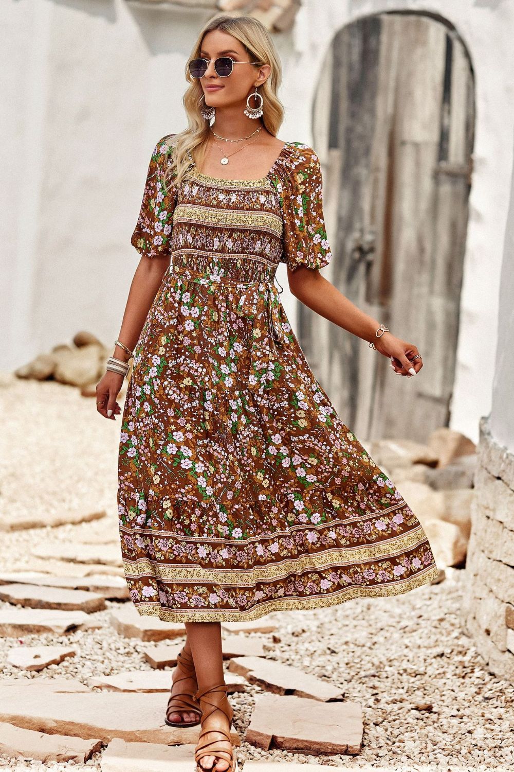 Bohemian Square Neck Short Sleeve Midi Dress