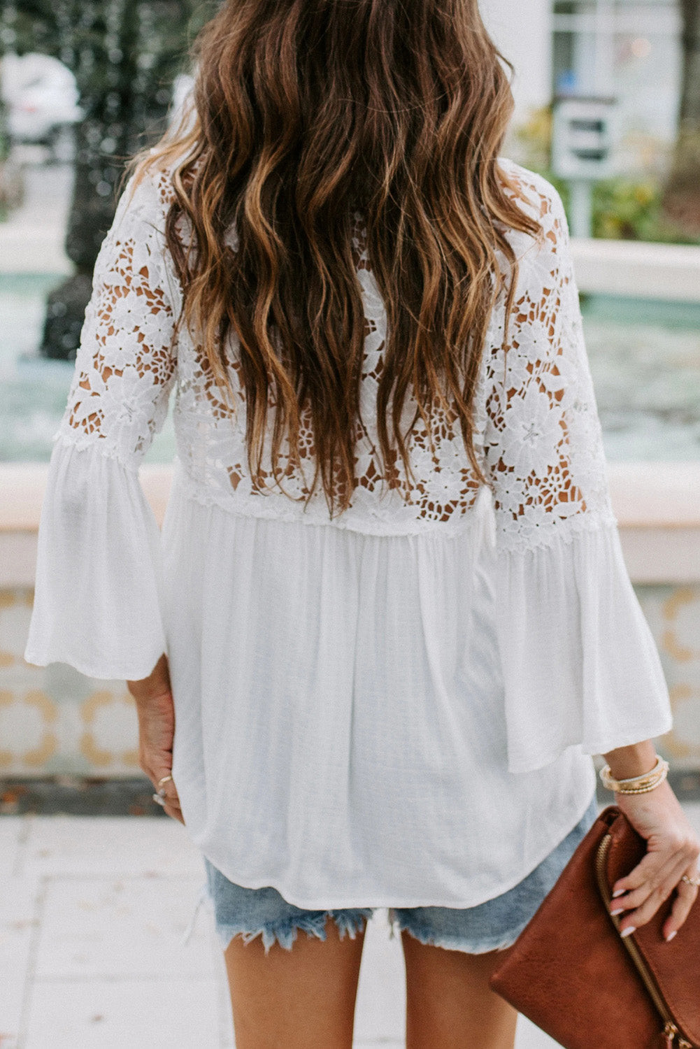 Spliced Lace Bell Sleeve Buttoned Blouse