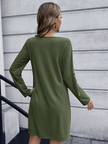 Button Front Roll-Tab Sleeve V-Neck Dress