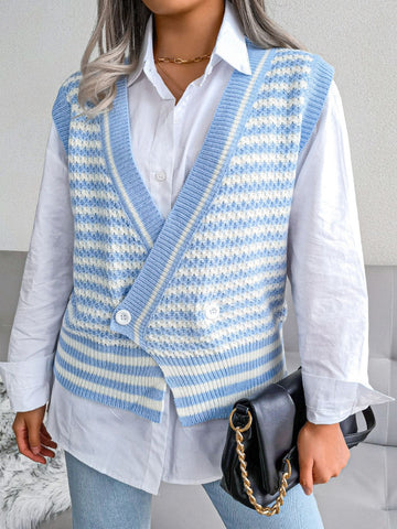 Striped Front Slit Double-Breasted Surplice Sweater Vest