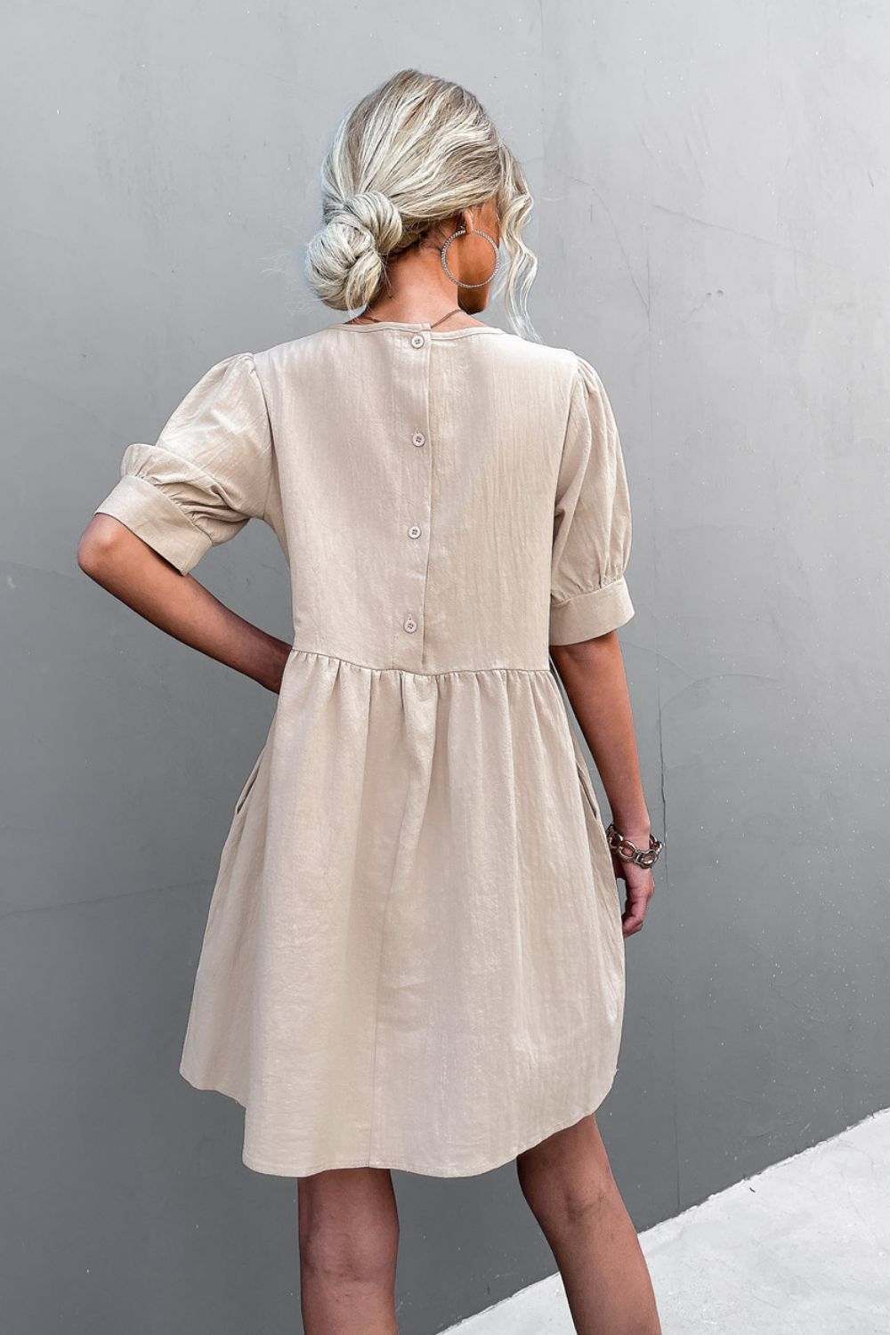 Buttoned Round Neck Puff Sleeve Dress