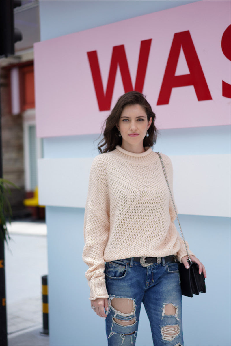 Waffle Knit Rolled Hem Sweater