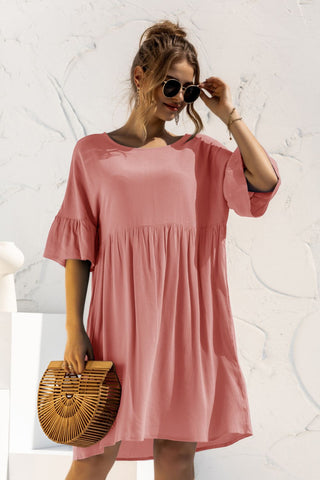 Boat Neck Flounce Sleeve Knee-Length Dress