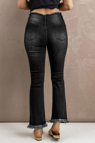 Jeans mit hoher Taille und Used-Look und offenem Saum