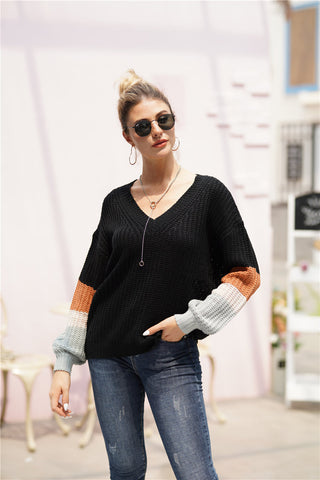 Striped Sleeve Rib-Knit Dropped Shoulder Sweater