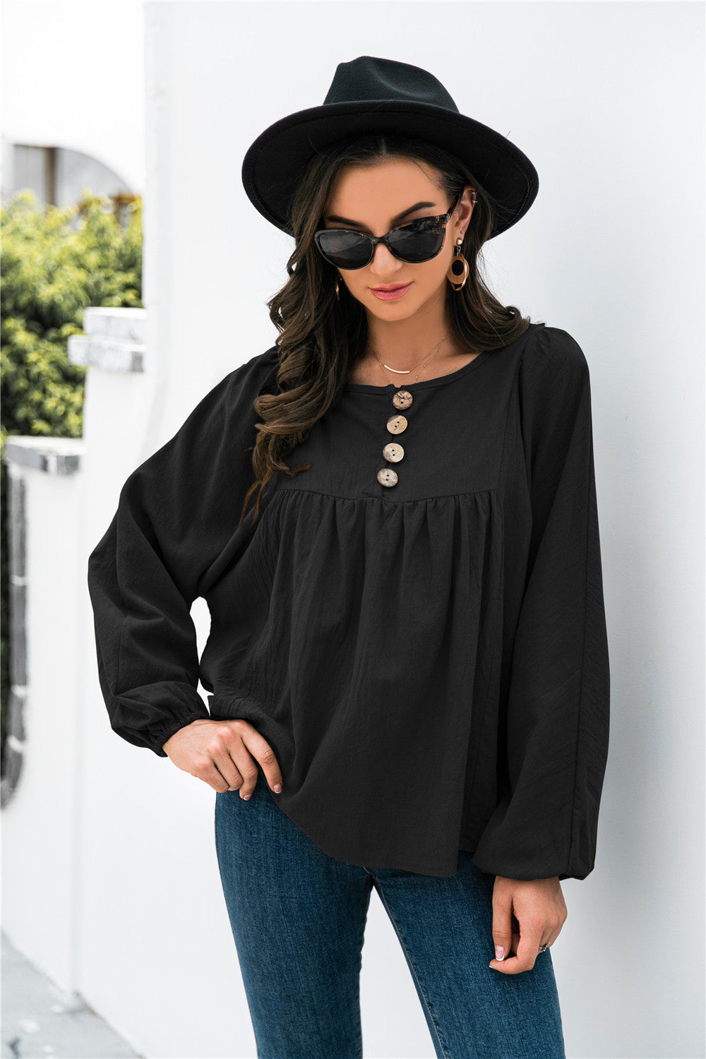 Button Up Balloon Sleeve Blouse