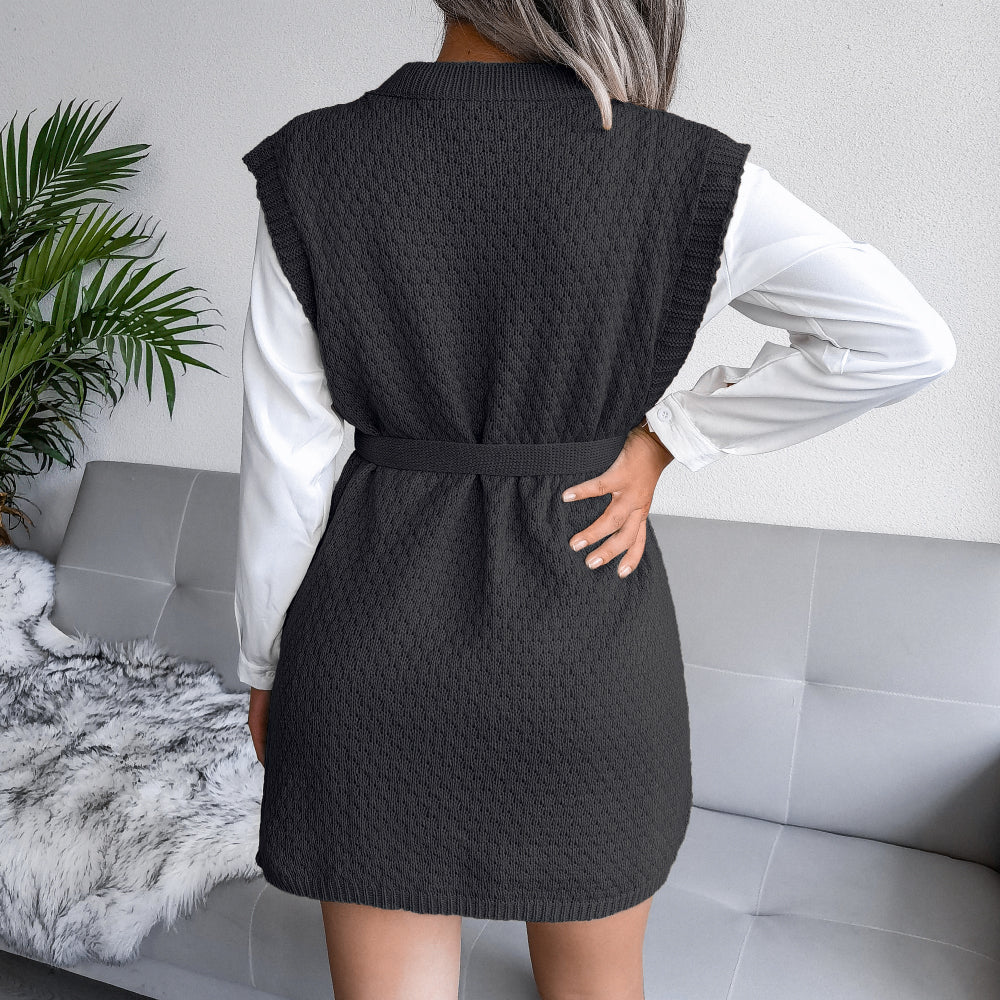 Tie-Waist Sleeveless Side Slit Sweater Vest