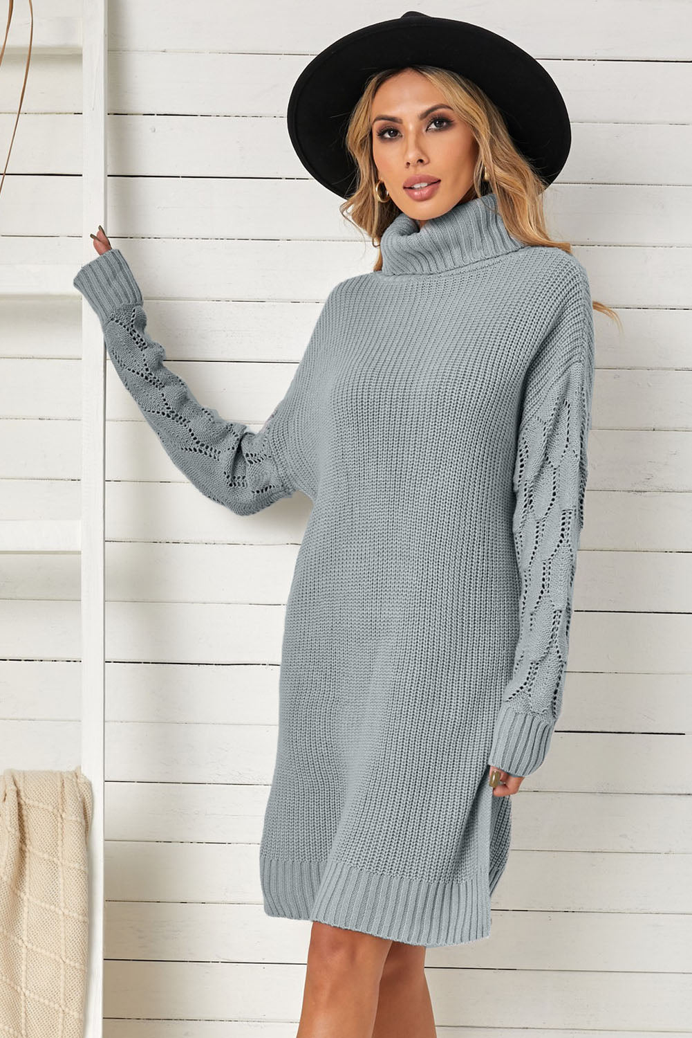 Turtleneck Side Slit Ribbed Trim Sweater Dress