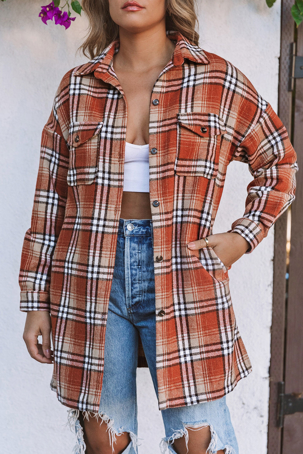 Plaid Drop Shoulder Side Slit Shirt Dress