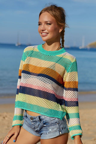 Rainbow Stripe Openwork Long Sleeve Cover Up