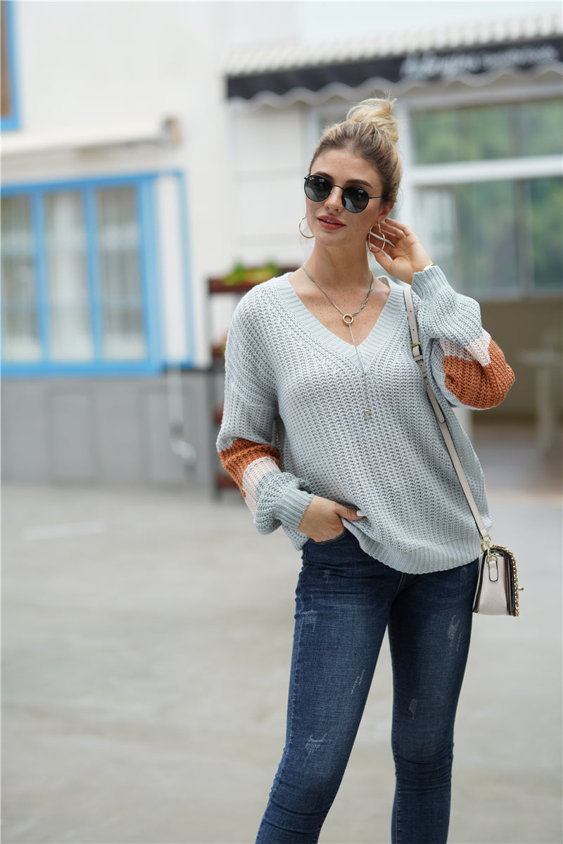 Striped Sleeve Rib-Knit Dropped Shoulder Sweater