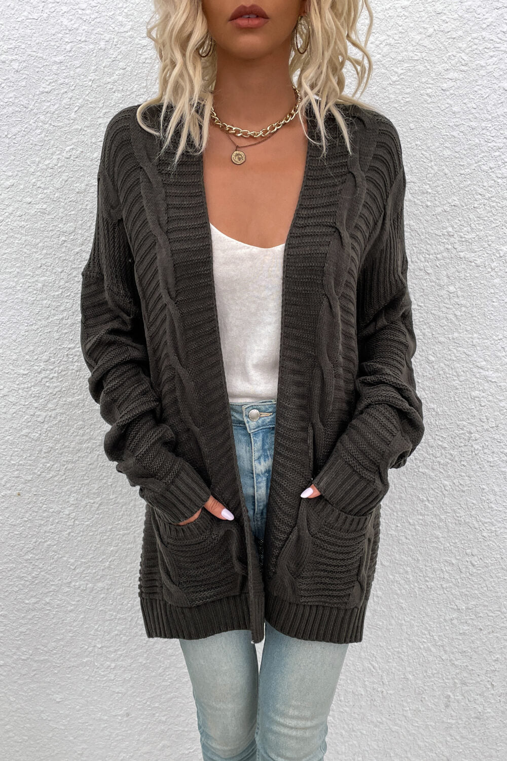 Cable-Knit Open Front Longline Cardigan