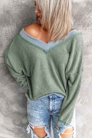 Waffle Knit Contrast Trim V-Neck Top