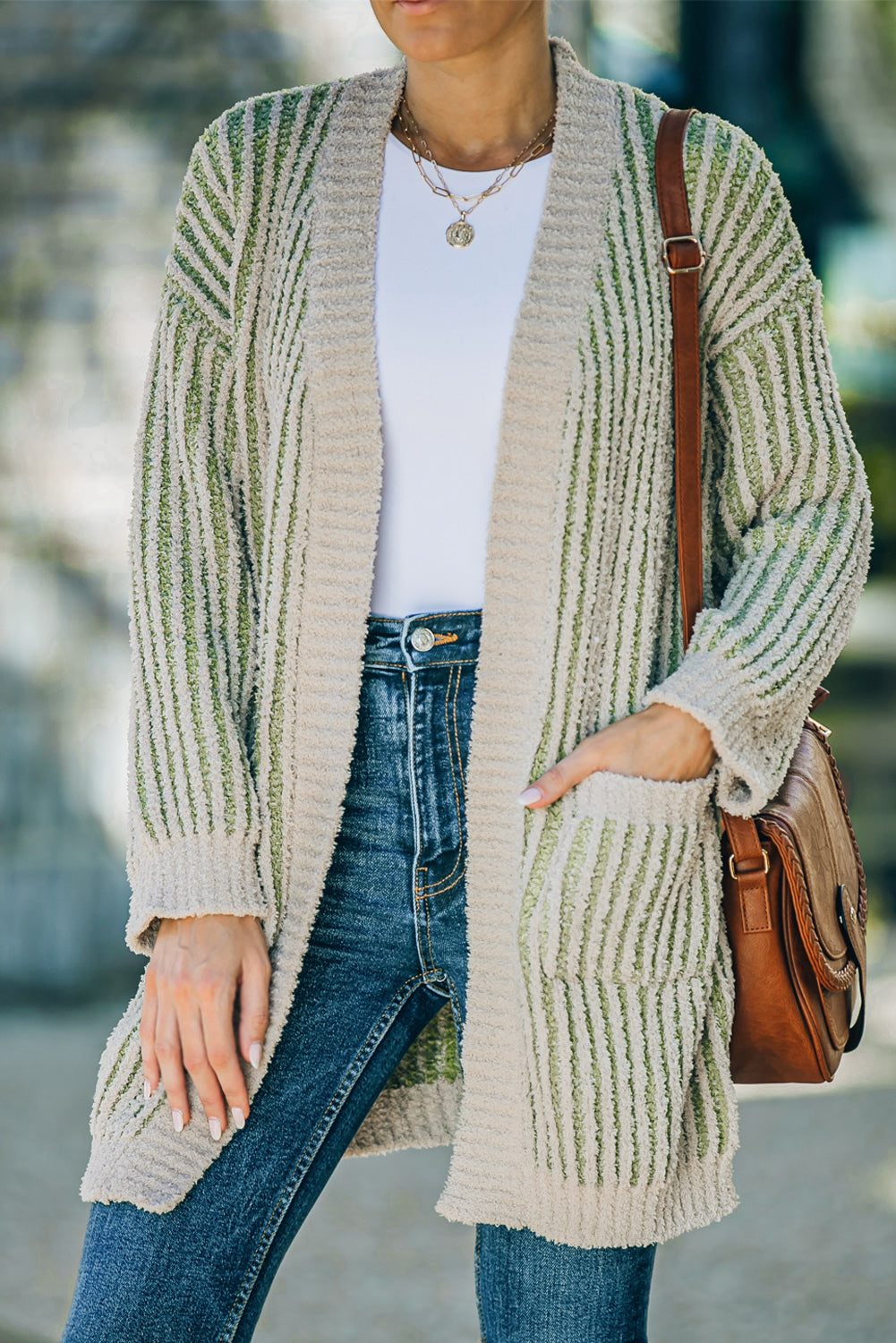 Striped Open Front Ribbed Cardigan with Pockets