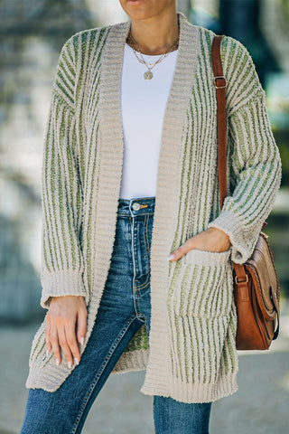 Striped Open Front Ribbed Cardigan with Pockets