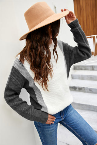 Tricolor Round Neck Tunic Sweater