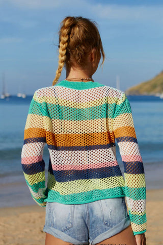 Rainbow Stripe Openwork Long Sleeve Cover Up