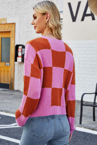 Pull en tricot à carreaux, col rond et épaules tombantes