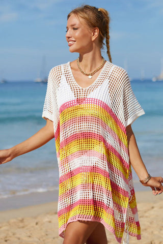 Rainbow Stripe Openwork Slit Cover Up