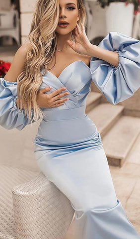 Strapless Puff Sleeves Midi Dress in Blue