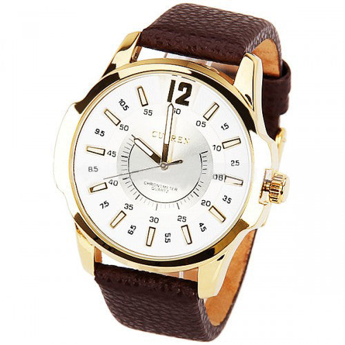 Watch and Brown Leather Band (White 4.8cm Dial)