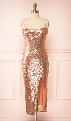 Strappy Sequins Slit Midi Dress in Gold