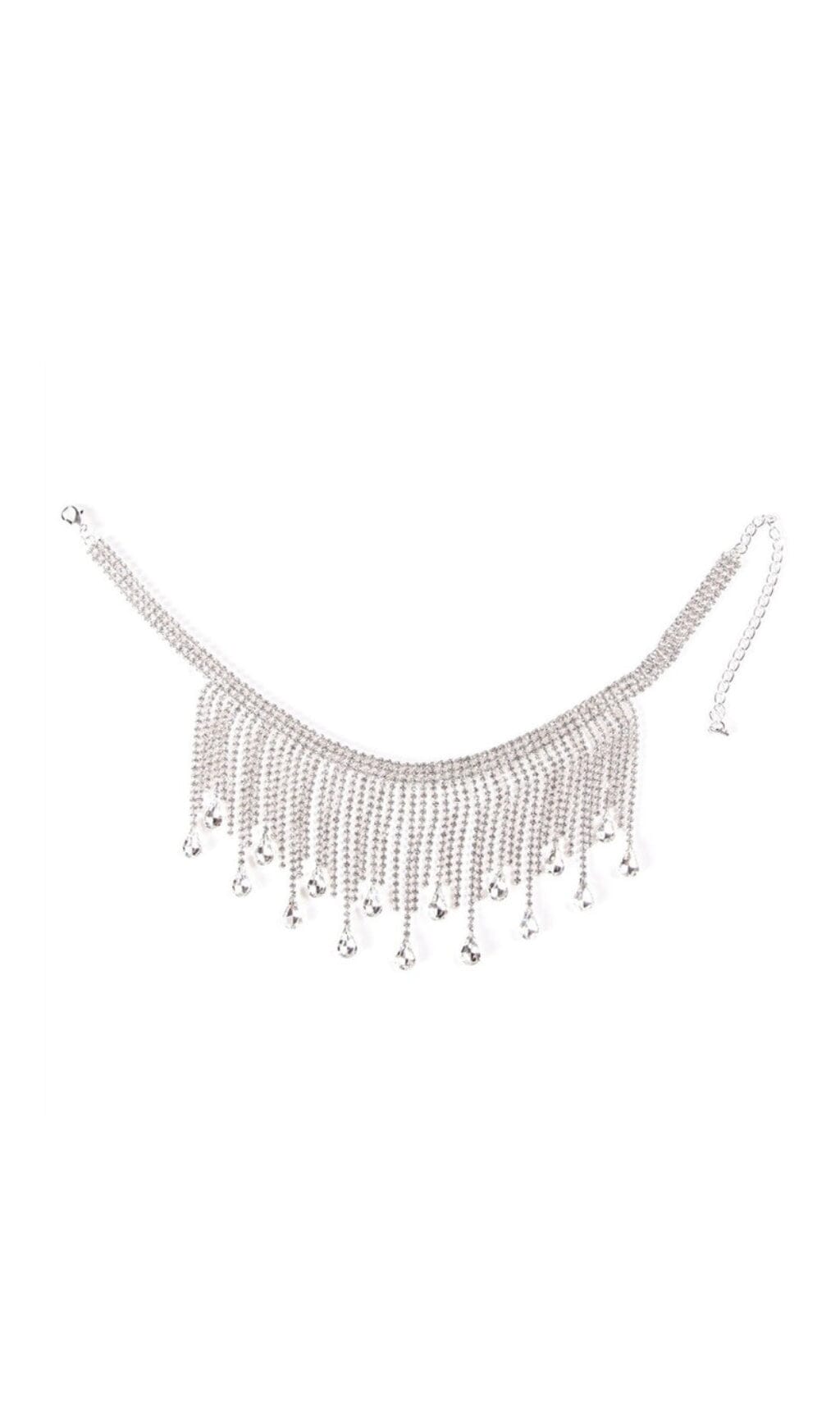 Silver Choker Diamante Tassel Necklace