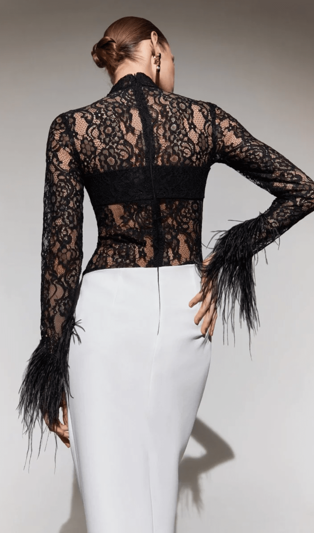 SplIced Lace Feather Slit Dress in Black And White